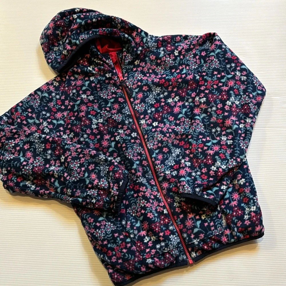 Eddie Bauer pink & blue, flowered reversible hooded jacket.  Girls size large